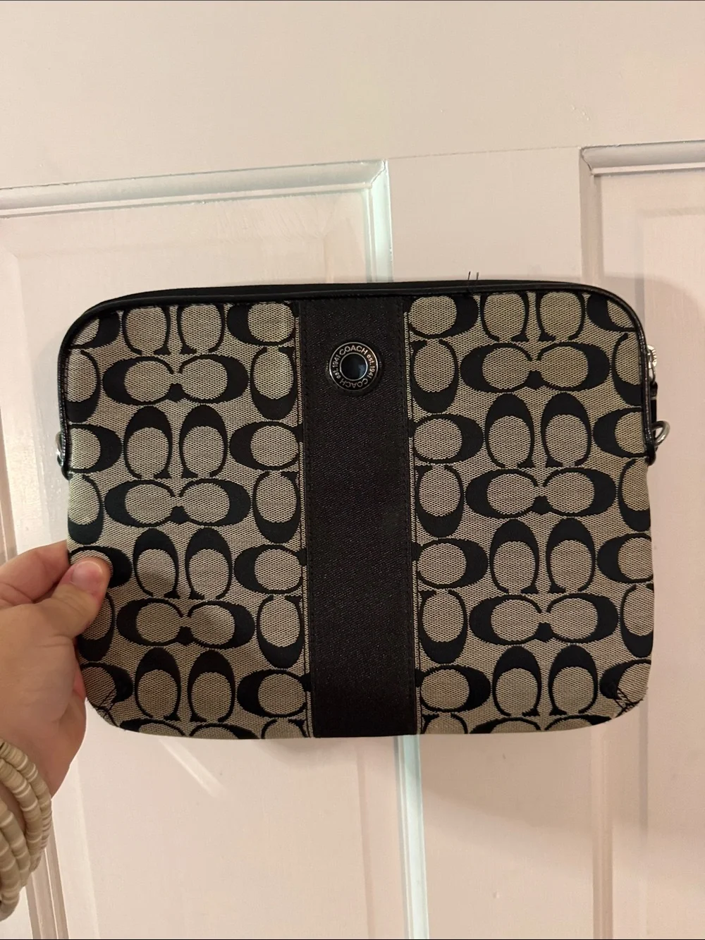 Coach Signature Jacquard Tablet Sleeve in Black and Tan
